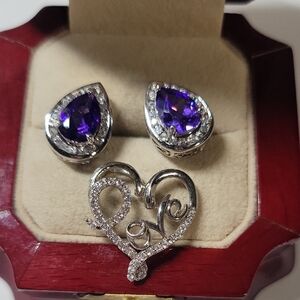 Silver 925 Amethyst Teardrop Earrings with 'Love' Heart Pendant